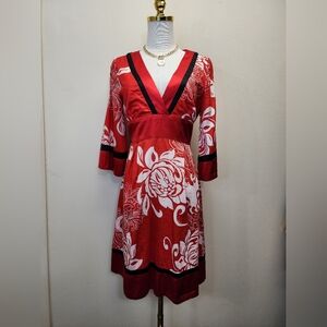 Bebe Red and White Floral V-Neck Mini Dress, Size Medium